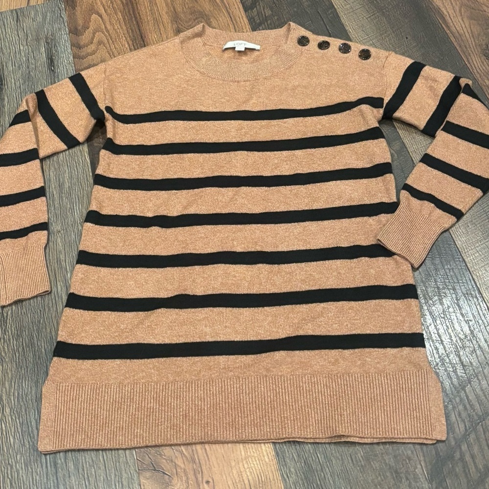 LOFT Camel/Tan and Black Striped Crew Neck Sweater with Button details XS
